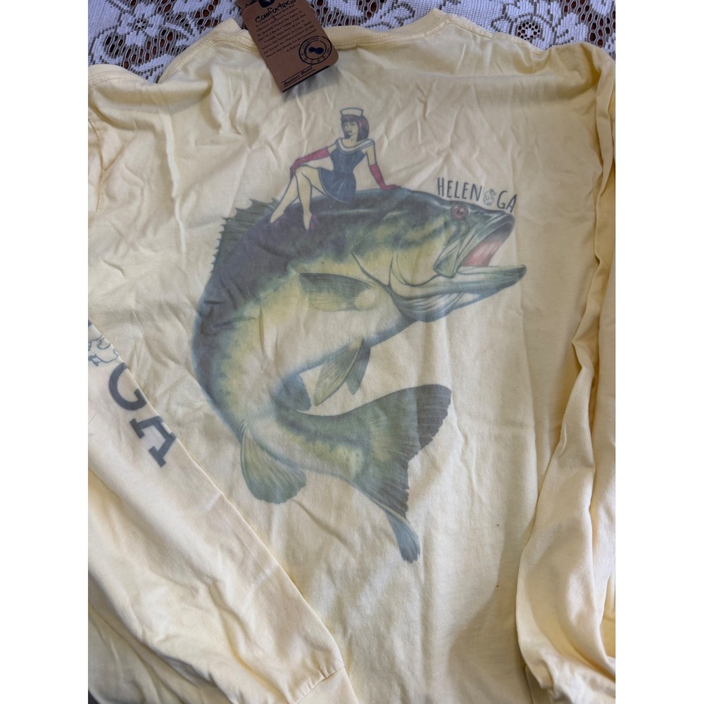 Comfortex USA Mens 2XL Yellow Long Sleeve Pinup Bass Fishing Shirt Helen GA NWT